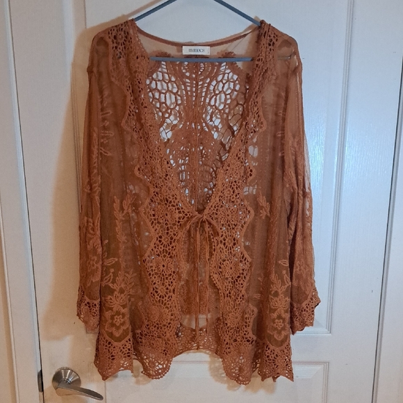 Tops - Women's Caramel Brown Lacey, Crochet Like Cardigan/cover.